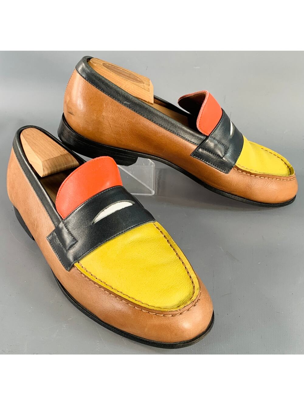 Size 8 Tan Multi Color Color Block Leather Slip On Penny Loafers